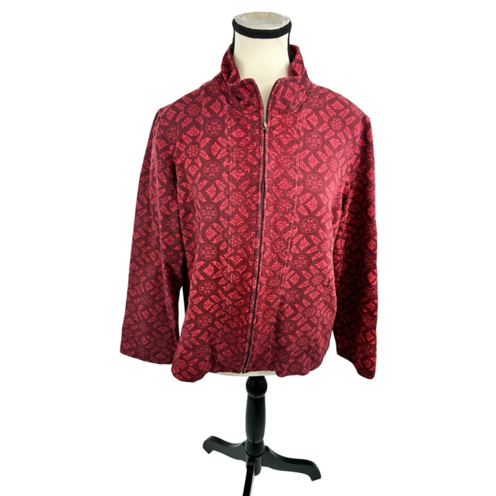 Coldwater Creek Jacket Womens Size M Red Full Zip Floral Print Mock Neck